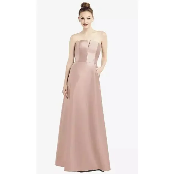 Alfred Sung Satin Twill Strapless Notch Dress Pockets in Toasted Sugar Size 16 - Picture 9 of 10